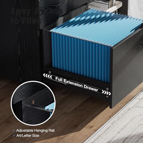 DUMOS Lateral File Cabinet with 3 Drawers Rolling Filing Cabinets Under Desk Storage Printer Stand Wood Organizer with Wheels Adjustable Shelf for Office Home Small Space, Black - Image 8