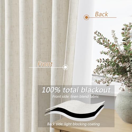 Guken Cream Linen Blackout Curtains 84 Inch Length 2 Panels Set for Living Room Bedroom Back Tab Thermal Insulated 100% Black Out Linen Drapes Room Darkening Window Curtains Ivory Natural - Image 5