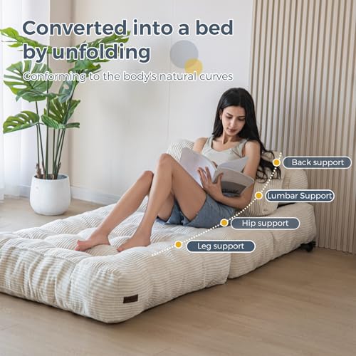 MAXYOYO Folding Sofa Bed, Convertible Sleeper Chair with Pillow Foldable Mattress with Back Support, Portable Fold Out Chair Bed Comfy Floor Sofa Lounge for Living Room Bedroom, Beige, Single - Image 6