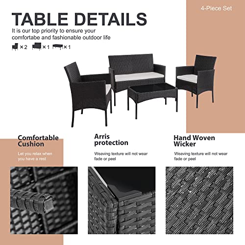 Shintenchi 4 Piece Outdoor Patio Furniture Sets, Small Wicker Patio Conversation Furniture Rattan Chair Set with Tempered Glass Coffee Table for Backyard Porch Garden Poolside Balcony,Black - Image 7