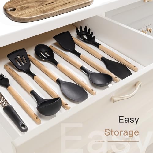Astercook Kitchen Utensils Set, 39 PCS Silicone Cooking Utensils Set with Wooden Handle, 446°F Heat Resistant Food Grade Utensil Sets, BPA Free Kitchen Gadgets Tools Set for Nonstick Cookware (Black) - Image 10