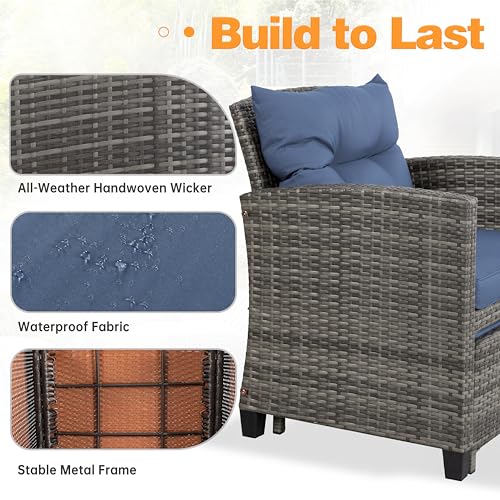 Shintenchi 5 Pieces Patio Furniture Set, Outdoor Wicker Patio Conversation Set with Ottoman, All Weather Rattan Outside Chairs with Coffee Table & Cushion for Porch, Garden, Backyard, Navy - Image 6