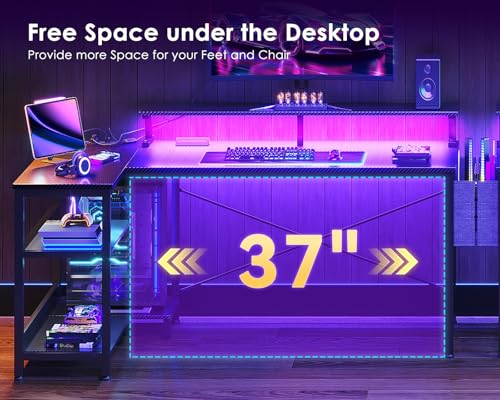 ODK 48 Inch Gaming Desk with USB Charging Ports and LED Lights, Reversible L Shaped Computer Desk with Storage Shelves & Monitor Stand, Corner Gamer Desk Table with Power Outlets, Black - Image 5