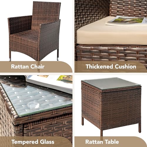Devoko Patio Porch Furniture Sets 3 Pieces PE Rattan Wicker Chairs with Table Outdoor Garden Furniture Sets (Brown/Beige) - Image 9