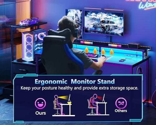 AODK 59 Inch Gaming Desk with USB Charging Ports & LED Light- Reversible Computer Desk with Storage Shelves & Monitor Stand, Modern Gamer Desk Table with Fabric Drawers & Side Hook, Carbon Fiber Black - Image 8