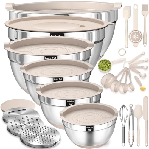 Mixing Bowls with Airtight Lids Set, 26PCS Stainless Steel Khaki Bowls with Grater Attachments, Non-Slip Bottoms & Kitchen Gadgets Set, Size 7, 4, 2.5, 2.0,1.5, 1QT, Great for Mixing & Serving - Image 2