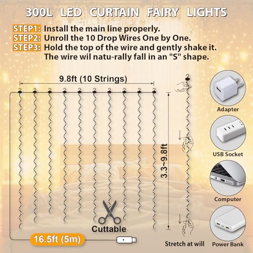 HXWEIYE 300LED Fairy Curtain Lights, 9.8x9.8Ft USB Plug-in 8 Modes Christmas String Hanging Lights with Remote for Bedroom Backdrop Wedding Party Indoor Wall Decor, Warm White, Standard - Image 6