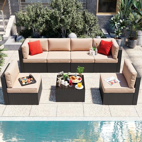 Vongrasig 7 Pieces Patio Furniture Sets, Outdoor All-Weather Wicker Patio Conversation Sets, L-Shaped Rattan Sectional Patio Sofa with Glass Table for Backyard, Beige - Image 2