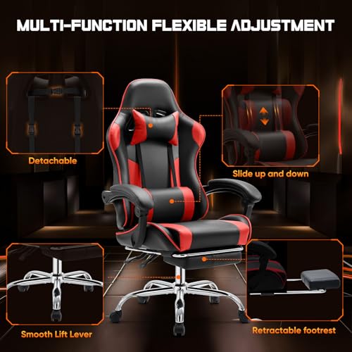 Sweetcrispy Video Game Desk Chair - Ergonomic Computer with Footrest and Comfy Lumbar Support, PU Leather Recliner with Headrest, Fixed Up Armrest, Height Adjustable with 360° Swivel, for Adults, Red - Image 7