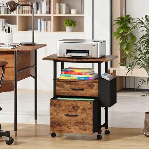 GYIIYUO 2 Drawer File Cabinet with 24'' Extended Desktop, Mobile Filing Cabinet, Rolling File Cabinet with Side Bag, Fabric Drawer, Fits A4/Letter Size, Printer Stand Home Office, Light Brown - Image 3