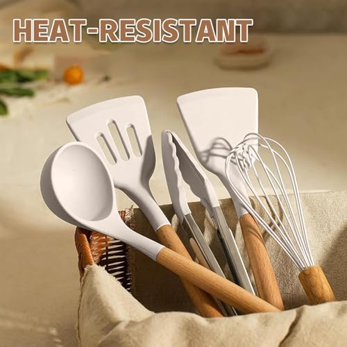 Umite Chef Kitchen Cooking Utensils Set, 33 pcs Non-Stick Silicone Cooking Kitchen Utensils Spatula Set with Holder, Wooden Handle Silicone Kitchen Gadgets Utensil Set (Khaki) - Image 6