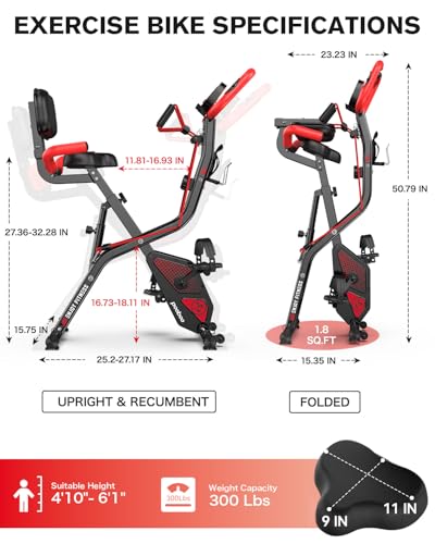 pooboo Folding Exercise Bike, Fitness Stationary Bike Machine, Upright Indoor Cycling Bike, 4-in-1 Magnetic X-Bike with 8-Level Adjustable Resistance, Bottle Holder, Arm Resistance Bands, Pulse Sensor & Back Support Cushion for Home Gym Workout (red) - Image 6