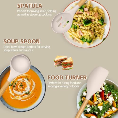 Umite Chef Kitchen Cooking Utensils Set, 33 pcs Non-Stick Silicone Cooking Kitchen Utensils Spatula Set with Holder, Wooden Handle Silicone Kitchen Gadgets Utensil Set (Khaki) - Image 8