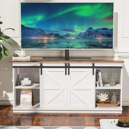 YESHOMY Farmhouse TV Stand for Televisions up to 65 Inches, Sliding Barn Doors and Storage Cabinets, Console Table and Media Furniture for Living Room, 58 Inch, Milk White - Image 4