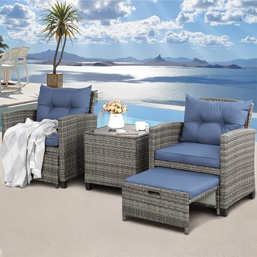 Shintenchi 5 Pieces Patio Furniture Set, Outdoor Wicker Patio Conversation Set with Ottoman, All Weather Rattan Outside Chairs with Coffee Table & Cushion for Porch, Garden, Backyard, Navy - Image 3
