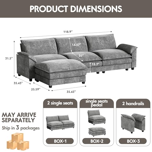 Homall 119" Modular Sectional Sofa, L Shaped Sofa Couch with Reversible Ottoman, DIY Combination Chenille Deep 3-Seat Cloud Couch for Living Room, Apartment (Light Grey, L Shaped Sofa) - Image 3