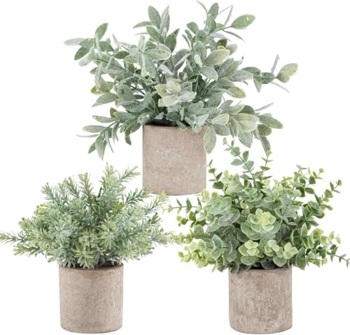 Der Rose 3 Pack Mini Potted Fake Plants Artificial Plastic Eucalyptus Plants Topiaries for Home Office Desk Farmhouse Room Bathroom Decor - Image 2