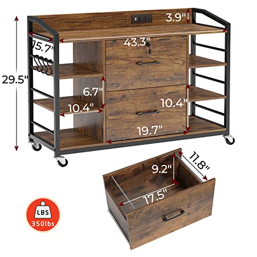 SEDETA 44" File Cabinet, Filing Cabinet fits Legal/Letter Size, 2 Drawer File Cabinets for Home Office with Lock, Power Strip, 6 Storage Shelves, Rustic Brown - Image 3