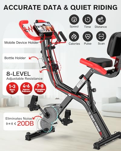 pooboo Folding Exercise Bike, Fitness Stationary Bike Machine, Upright Indoor Cycling Bike, 4-in-1 Magnetic X-Bike with 8-Level Adjustable Resistance, Bottle Holder, Arm Resistance Bands, Pulse Sensor & Back Support Cushion for Home Gym Workout (red) - Image 5