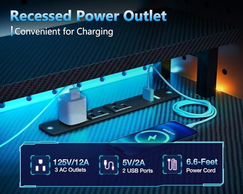 AODK 59 Inch Gaming Desk with USB Charging Ports & LED Light- Reversible Computer Desk with Storage Shelves & Monitor Stand, Modern Gamer Desk Table with Fabric Drawers & Side Hook, Carbon Fiber Black - Image 5