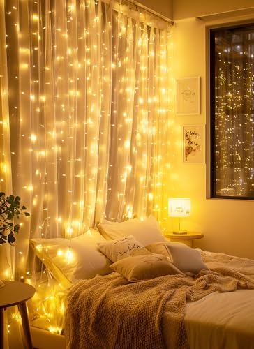 Brightown 300 LED Fairy Curtain Lights, 9.8ft x 9.8ft Warm White Curtain String Lights, USB Plug in 8 Lighting Modes Christmas Decoration, Hanging Lights with Remote for Bedroom Indoor Weddings Dorm - Image 5