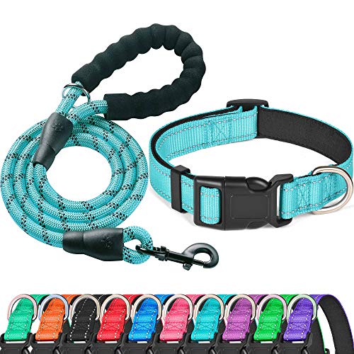Ladoogo Reflective Dog Collar Padded with Soft Neoprene Breathable Adjustable Nylon Dog Collars for Small Medium Large Dogs (Medium (Pack of 1), Blue Collar+Leash) - Image 2
