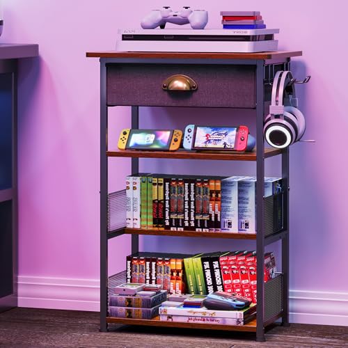 Hongtamoya 4-Tier AV Media Stand with Drawer, Video Game Console Shelf with 2 Hooks, Audio Rack Tower Perfect for/Xbox/ PS5/Switch/Game Consoles/DVD/Record Player/Projector/Sky Box/TV Accessories - Image 2