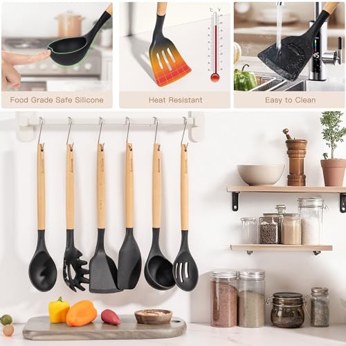 Astercook Kitchen Utensils Set, 39 PCS Silicone Cooking Utensils Set with Wooden Handle, 446°F Heat Resistant Food Grade Utensil Sets, BPA Free Kitchen Gadgets Tools Set for Nonstick Cookware (Black) - Image 8