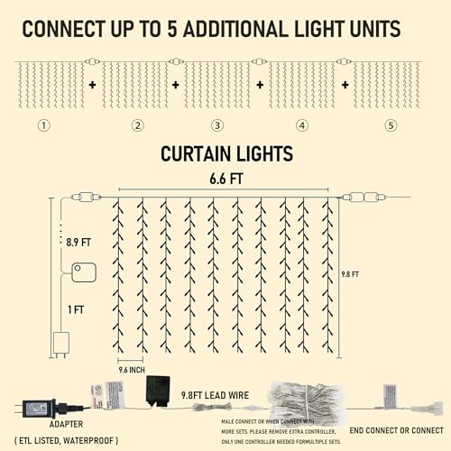 Dazzle Bright 300 LED Curtain Lights, Plug in Fairy Curtain Lights for Bedroom, Christmas Hanging String Lights Outdoor for Window Backdrop Wall Wedding Patio Indoor Dorm Party Decor, Warm White - Image 3
