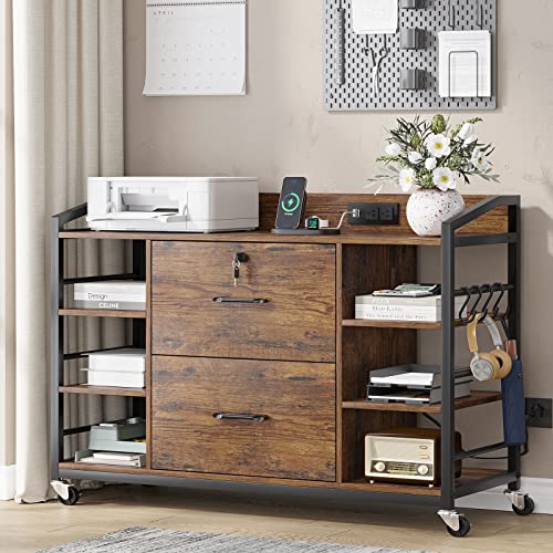 SEDETA 44" File Cabinet, Filing Cabinet fits Legal/Letter Size, 2 Drawer File Cabinets for Home Office with Lock, Power Strip, 6 Storage Shelves, Rustic Brown - Image 2