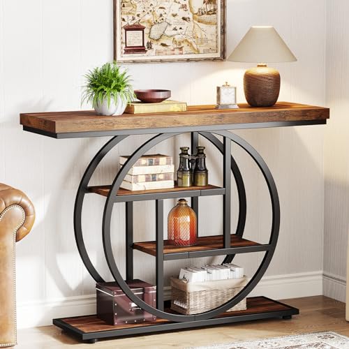 Tribesigns 41.3" Console Table, Industrial 4-Tier Sofa Table Entryway Table with Circle Base, Narrow Wood Accent Tables with Storage Shelves for Living Room, Hallway, Foyer, Rustic Brown - Image 2
