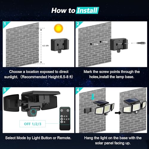 Tuffenough Solar Outdoor Lights 2500LM 210 LED Security Lights with Remote Control,3 Heads Motion Sensor Lights, IP65 Waterproof,270° Wide Angle Flood Wall Lights with 3 Modes(2 Packs) - Image 7