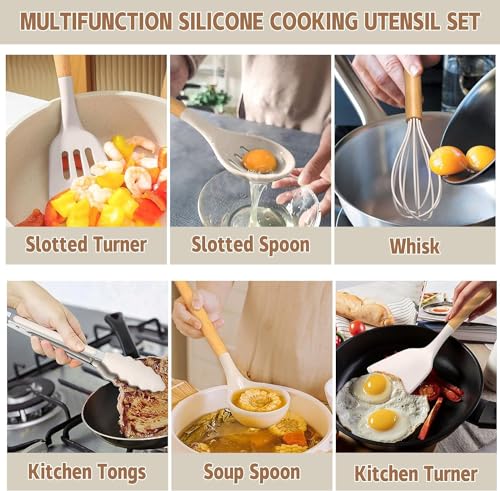 Umite Chef Kitchen Cooking Utensils Set, 33 pcs Non-Stick Silicone Cooking Kitchen Utensils Spatula Set with Holder, Wooden Handle Silicone Kitchen Gadgets Utensil Set (Khaki) - Image 4