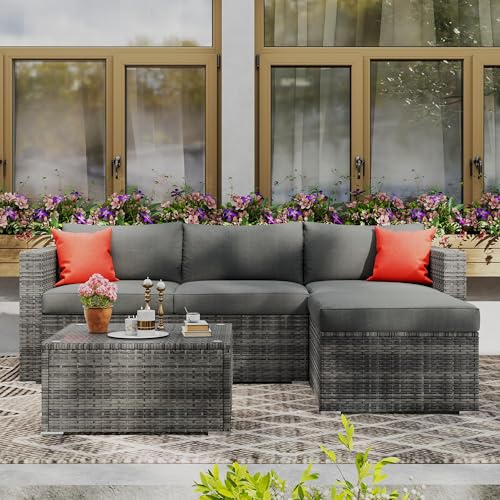 Wisteria Lane 5-Pieces Outdoor Patio Furniture Set, All Weather Wicker Rattan Sectional Sofa, Patio Conversation Set with Cushions & Glass Coffee Table for Backyard Porch Garden Balcony, Grey - Image 9