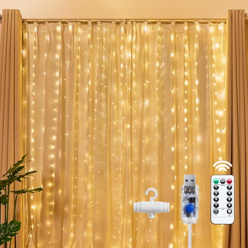 Brightown 300 LED Fairy Curtain Lights, 9.8ft x 9.8ft Warm White Curtain String Lights, USB Plug in 8 Lighting Modes Christmas Decoration, Hanging Lights with Remote for Bedroom Indoor Weddings Dorm - Image 2
