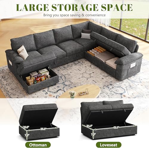 SUAWY 108 Inch Sectional Sleeper Sofa with Pull Out Bed, U Shaped 7 Seat Modular Sectional Sofa with Storage, Sectional Couches for Living Room, Cloud Modular Couch,Removable Sofa Cover, Dark Grey - Image 7