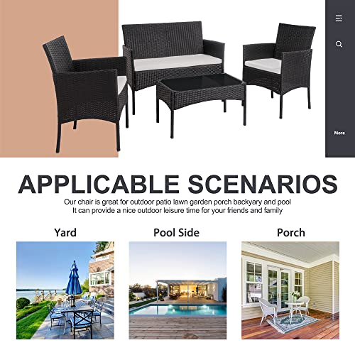Shintenchi 4 Piece Outdoor Patio Furniture Sets, Small Wicker Patio Conversation Furniture Rattan Chair Set with Tempered Glass Coffee Table for Backyard Porch Garden Poolside Balcony,Black - Image 5