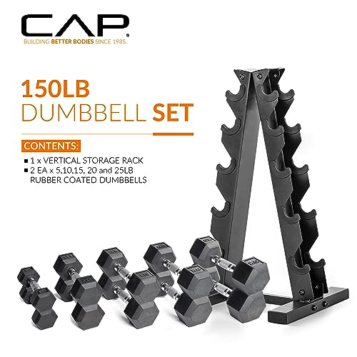 CAP Barbell 150 LB Rubber Coated Hex Dumbbell Hand Weight Set with Vertical Storage Rack - Chrome Handle | Black Rack - Image 3