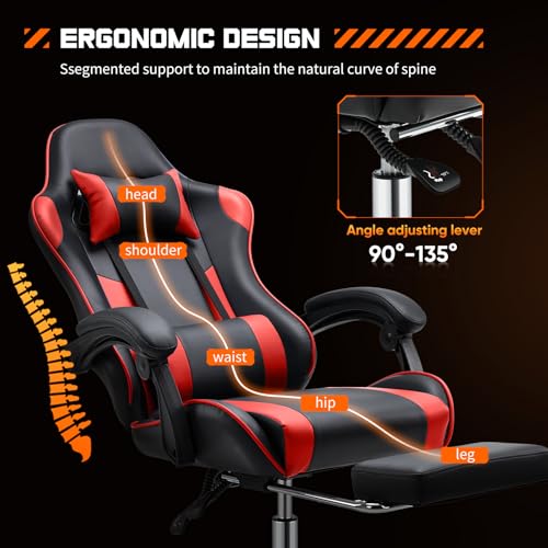 Sweetcrispy Video Game Desk Chair - Ergonomic Computer with Footrest and Comfy Lumbar Support, PU Leather Recliner with Headrest, Fixed Up Armrest, Height Adjustable with 360° Swivel, for Adults, Red - Image 5