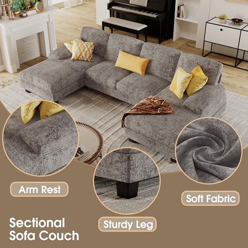 Furmax Sectional Couches for Living Room, U-Shaped Sofa Couch with Linen Fabric, 4 Seat Sofa Set with Double Chaise for Apartment (Fabric, Grey) - Image 6