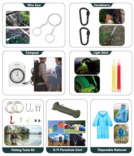 Survival Kit, 262Pcs Survival Gear and Supplies with First Aid Kit Pouch and Crossbody Bag, Emergency Kit with Tent, Camping Axe Hammer, Survival Shovel w/Pick, Bug Out Bag Gifts for Men Women - Image 9
