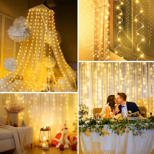 Minetom Curtain Lights, 300 LED Dimmable Fairy Lights Twinkle Lights with Remote and Timer, 8 Modes, USB Powered String Lights for Room Wall Party Xmas Indoor Decor, Warm White - Image 8