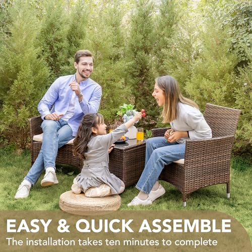 Devoko Patio Porch Furniture Sets 3 Pieces PE Rattan Wicker Chairs with Table Outdoor Garden Furniture Sets (Brown/Beige) - Image 8