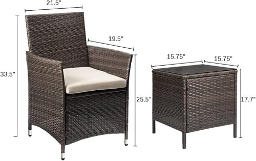 Devoko Patio Porch Furniture Sets 3 Pieces PE Rattan Wicker Chairs with Table Outdoor Garden Furniture Sets (Brown/Beige) - Image 3