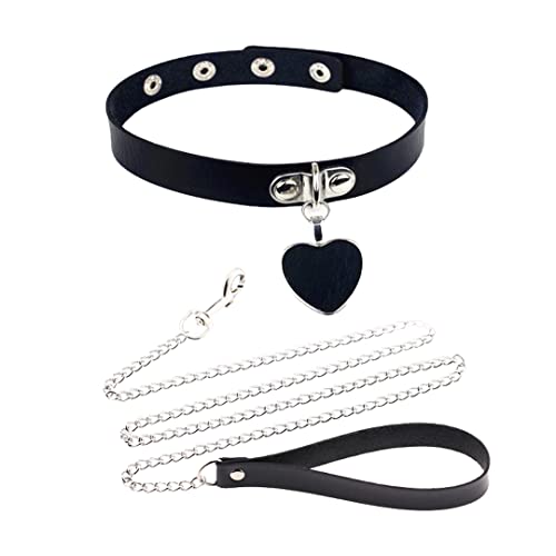 Tsangbaby Heart Pendant Choker with Leash Sexy Punk Collar Choker with Chains Gothic Black Leather Necklace for Cosplay Costume Party - Image 2