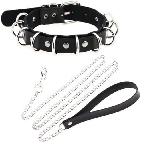 FM FM42 Black PU Simulated Leather 2-Layer O-Ring Collar Choker Necklace With Detachable Chain Leash - Image 2