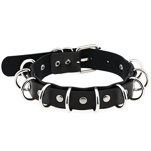 FM FM42 Black PU Simulated Leather 2-Layer O-Ring Collar Choker Necklace With Detachable Chain Leash - Image 5