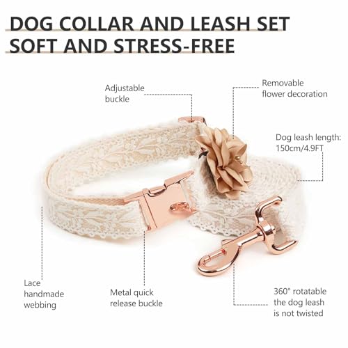 Dog Collar and Leash Set Adjustable Girl Fashion Flowers Dog Collar for Small Dogs Cotton Lace Handmade Personalized Puppy Collars Rose Gold Metal Buckle for Medium Large Dogs (White,S) - Image 3