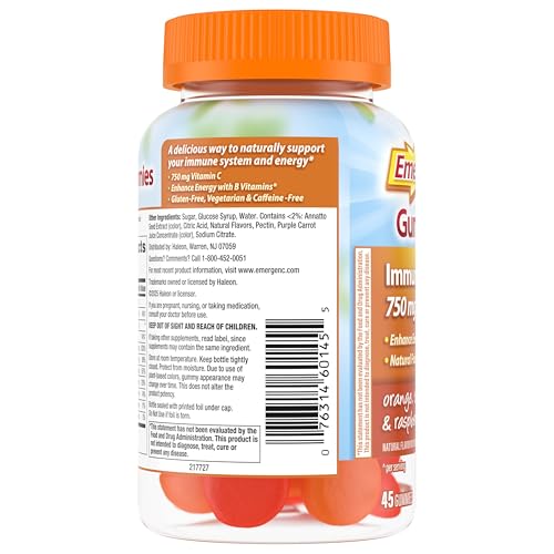 Emergen-C 750mg Vitamin C Gummies for Adults, Immunity Gummies with B Vitamins, Gluten Free, Orange, Tangerine and Raspberry Flavors - 45 Count - Image 8