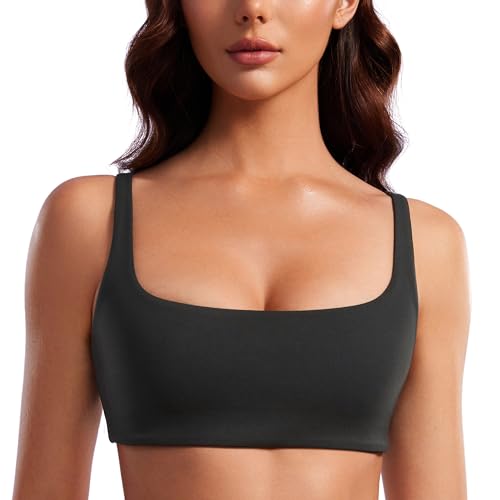 CRZ YOGA Butterluxe Square Neck Sports Bras for Women - Spaghetti Strap Yoga Wireless Low Coverage Padded Cami Crop Top Black Medium - Image 2
